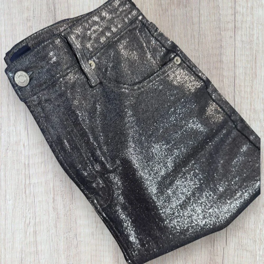 GAP Denim Metallic Silver Leila Coated Pencil Skirt Mid Rise Fall Holiday 4 27